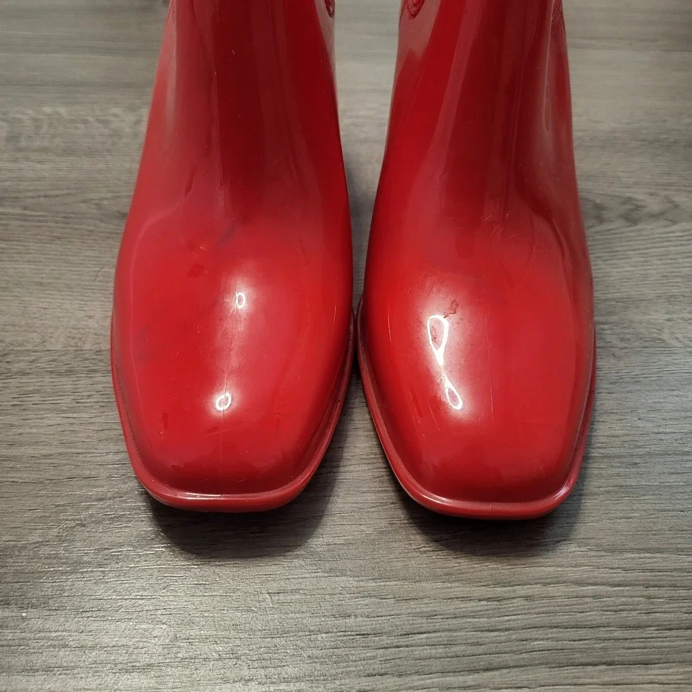 Jeffrey Campbell Red Jelly Rain Boots Square Toe Block Heel Women's Size 9‎